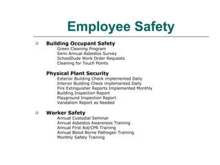   Employee Safety   Building Occupant Safety Green Cleaning Program Semi Annual Asbestos Survey SchoolDude Work Order Requests Cleaning for Touch Points Physical Plant Security Exterior Building Check implemented Daily Interior Building Check implemented Daily Fire Extinguisher Reports Implemented Monthly Building Inspection Report Playground Inspection Report Vandalism Report as Needed Worker Safety Annual Custodial Seminar Annual Asbestos Awareness Training Annual First Aid/CPR Training Annual Blood Borne Pathogen Training Monthly Safety Training 