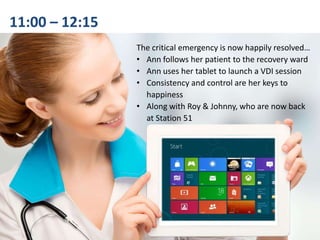 11:00 – 12:15
The critical emergency is now happily resolved…
• Ann follows her patient to the recovery ward
• Ann uses her tablet to launch a VDI session
• Consistency and control are her keys to
happiness
• Along with Roy & Johnny, who are now back
at Station 51
 