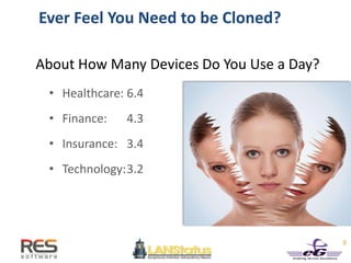 9
Ever Feel You Need to be Cloned?
• Healthcare: 6.4
• Finance: 4.3
• Insurance: 3.4
• Technology:3.2
About How Many Devices Do You Use a Day?
 