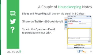 33
A Couple of Housekeeping Notes
Slides and Recording will be sent via email in 1-2 days
Share on Twitter @GoAchieveIt
Type in the Questions Panel
to participate in our Q&A
 