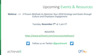 Upcoming Events & Resources
Webinar >> 3 Proven Methods to Optimize Your 2018 Strategy and Goals through
Culture and Employee Engagement
Tuesday, November 7th at 1 pm ET
REGISTER:
https://www.achieveit.com/resources/webinars/
Follow us on Twitter @goachieveIt
 