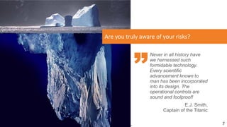 7© 2016, all rights reserved, www.GRC2020.com
Never in all history have
we harnessed such
formidable technology.
Every scientific
advancement known to
man has been incorporated
into its design. The
operational controls are
sound and foolproof!
E.J. Smith,
Captain of the Titanic
Are you truly aware of your risks?
 