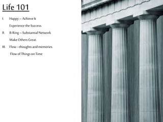 Life 101
I.

Happy C Achieve It

Experience the Success.
II.

B-Ring C Substantial Network
Make Others Great.

III. Flow Cthoughts and memories.

Flow of Things on Time

 