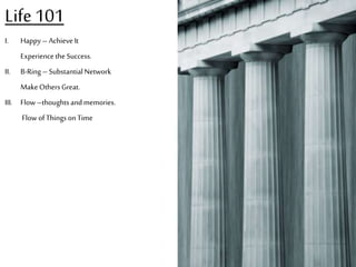 Life 101
I.

Happy – Achieve It

Experience the Success.
II.

B-Ring – Substantial Network
Make Others Great.

III. Flow –thoughts and memories.

Flow of Things on Time

 