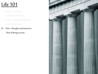 Life 101
I.

Happy C Achieve It

Experience the Success.
II.

B-Ring C Substantial Network
Make Others Great.

III. Flow Cthoughts and memories.

Flow of things on time

 