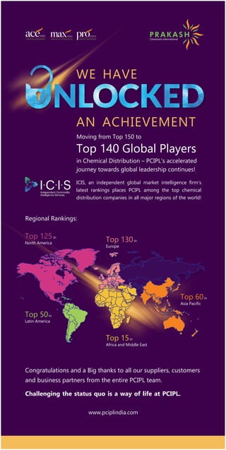 www.pciplindia.com
AN ACHIEVEMENT
WE HAVE
ICIS, an independent global market intelligence firm’s
latest rankings places PCIPL among the top chemical
distribution companies in all major regions of the world!
Regional Rankings:
Top 15
Africa and Middle East
in
Top 50
Latin America
in
Top 60
Asia Pacific
in
Top 125
North America
in
Top 130
Europe
in
Congratulations and a Big thanks to all our suppliers, customers
and business partners from the entire PCIPL team.
Challenging the status quo is a way of life at PCIPL.
Moving from Top 150 to
Top 140 Global Players
in Chemical Distribution – PCIPL’s accelerated
journey towards global leadership continues!
 