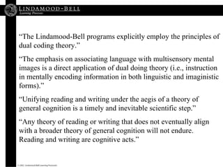 “ The Lindamood-Bell programs explicitly employ the principles of dual coding theory.” “ The emphasis on associating langu...