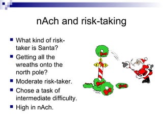 nAch and risk-taking
   What kind of risk-
    taker is Santa?
   Getting all the
    wreaths onto the
    north pole?
   Moderate risk-taker.
   Chose a task of
    intermediate difficulty.
   High in nAch.
 