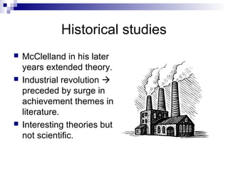Historical studies
   McClelland in his later
    years extended theory.
   Industrial revolution 
    preceded by surge in
    achievement themes in
    literature.
   Interesting theories but
    not scientific.
 