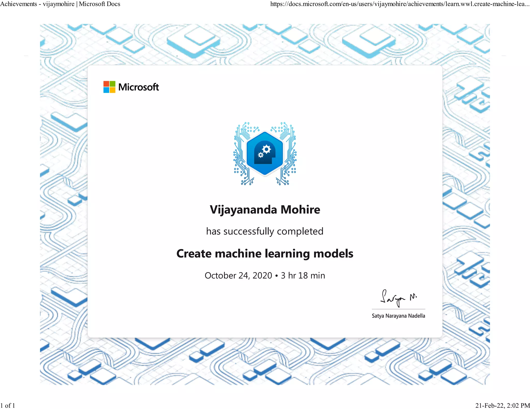 Vijayananda Mohire
has successfully completed
Create machine learning models
October 24, 2020 • 3 hr 18 min
Achievements - vijaymohire | Microsoft Docs https://docs.microsoft.com/en-us/users/vijaymohire/achievements/learn.wwl.create-machine-lea...
1 of 1 21-Feb-22, 2:02 PM
