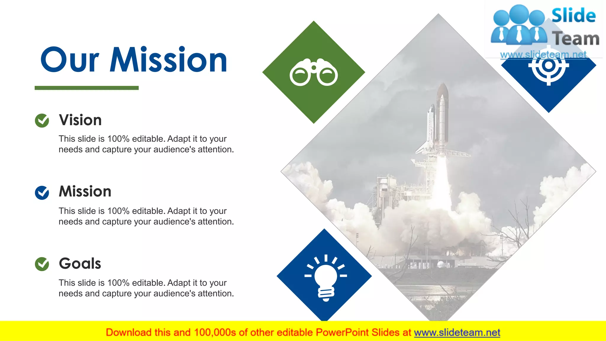 9
Our Mission
Vision
This slide is 100% editable. Adapt it to your
needs and capture your audience's attention.
Mission
This slide is 100% editable. Adapt it to your
needs and capture your audience's attention.
Goals
This slide is 100% editable. Adapt it to your
needs and capture your audience's attention.
 