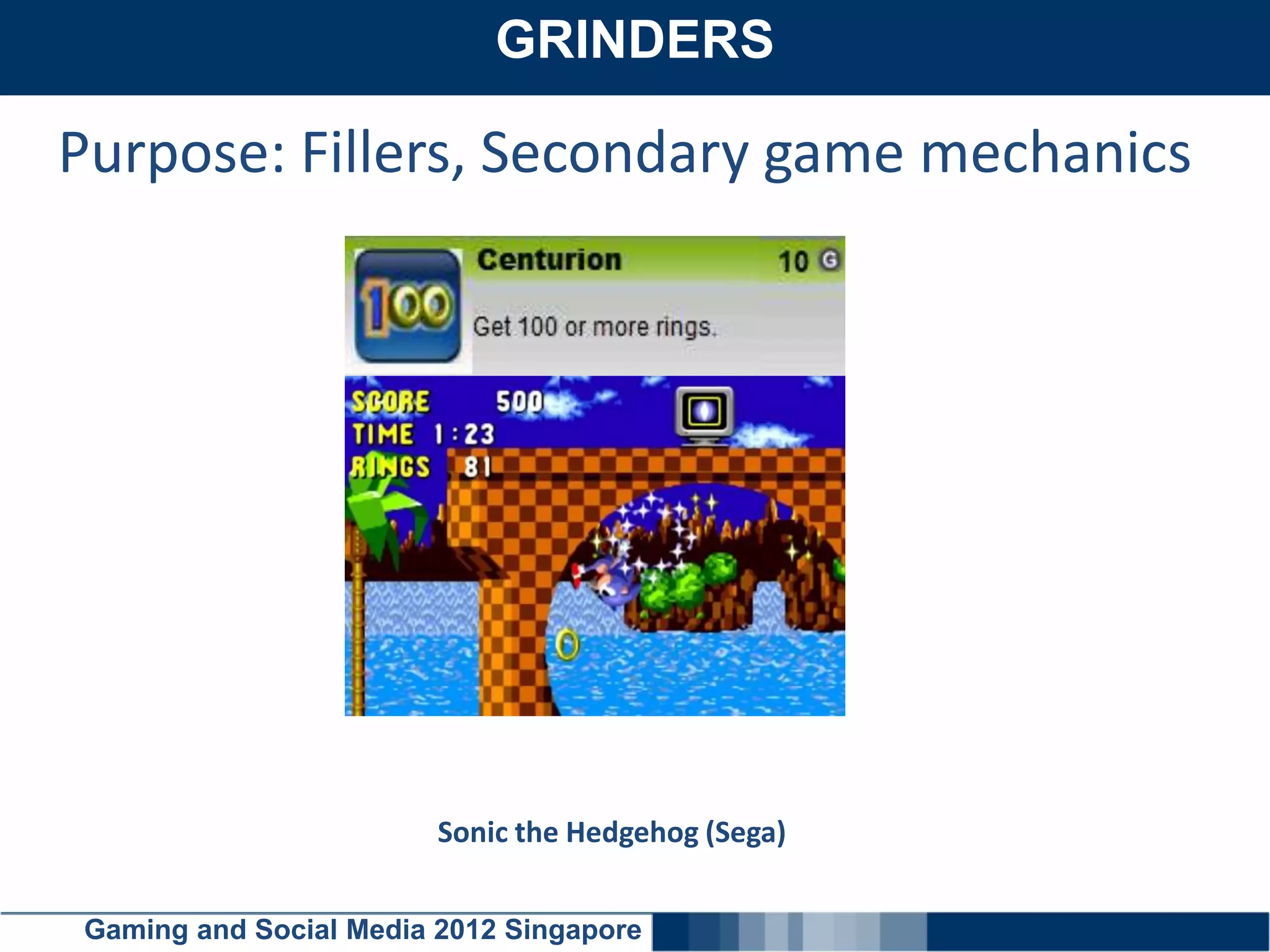 GRINDERS
    Click here to add text

Purpose: Fillers, Secondary game mechanics




                        Sonic the Hedgehog (Sega)


Gaming and Social Media 2012 Singapore
 