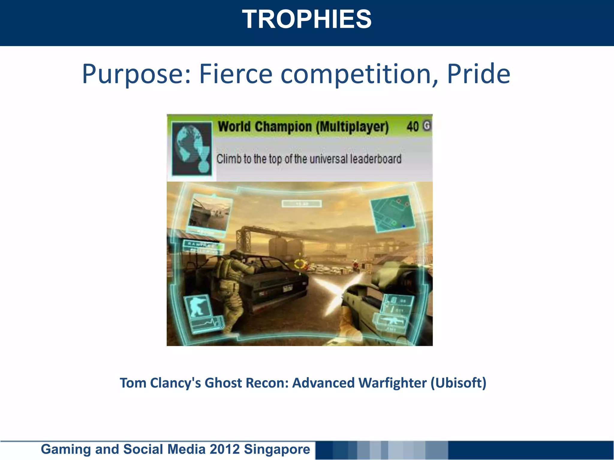 TROPHIES
    Click here to add text

     Purpose: Fierce competition, Pride




           Tom Clancy's Ghost Recon: Advanced Warfighter (Ubisoft)



Gaming and Social Media 2012 Singapore
 