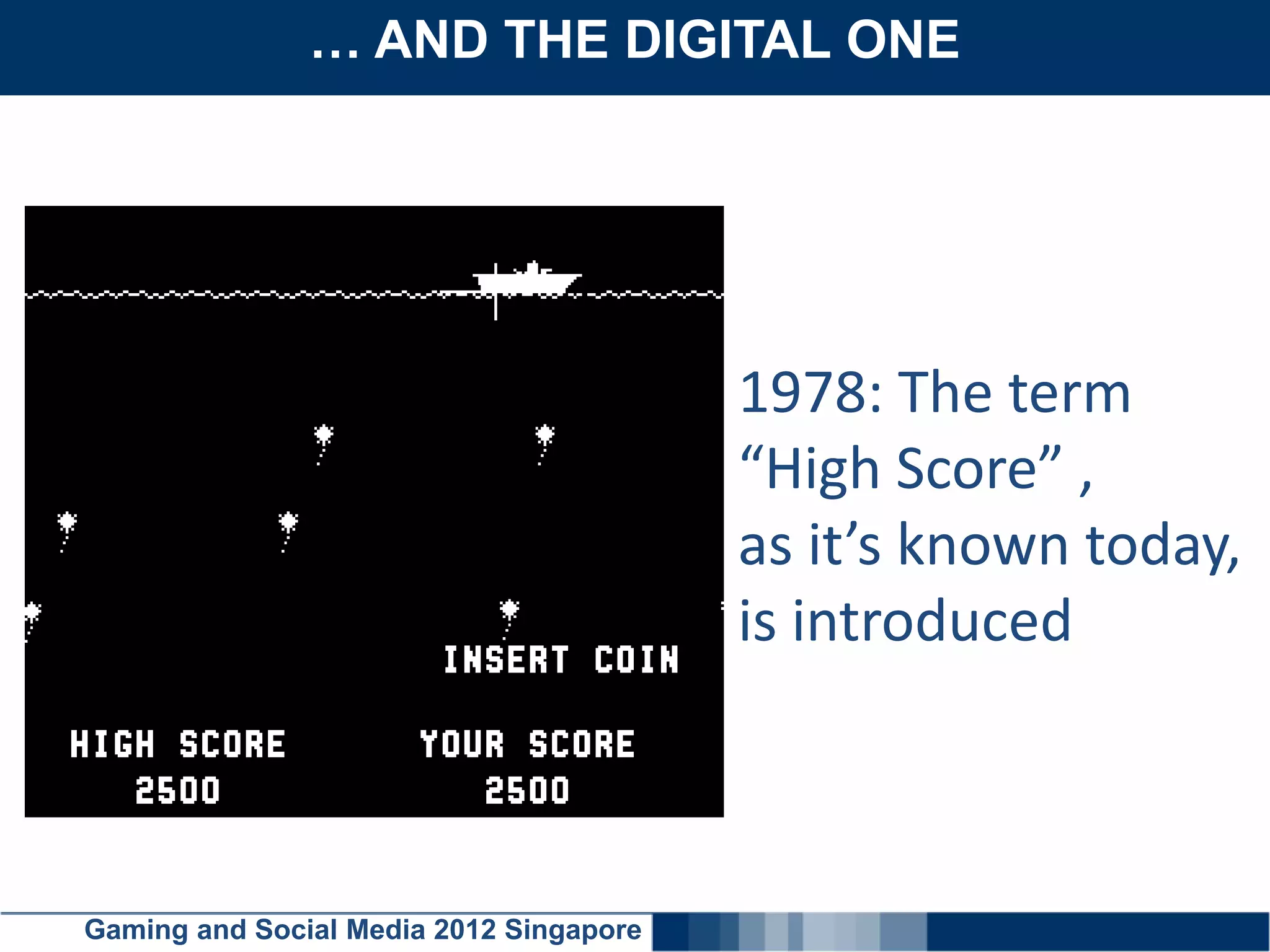 … AND THE DIGITAL ONE
    Click here to add text




                                         1978: The term
                                         “High Score” ,
                                         as it’s known today,
                                         is introduced



Gaming and Social Media 2012 Singapore
 