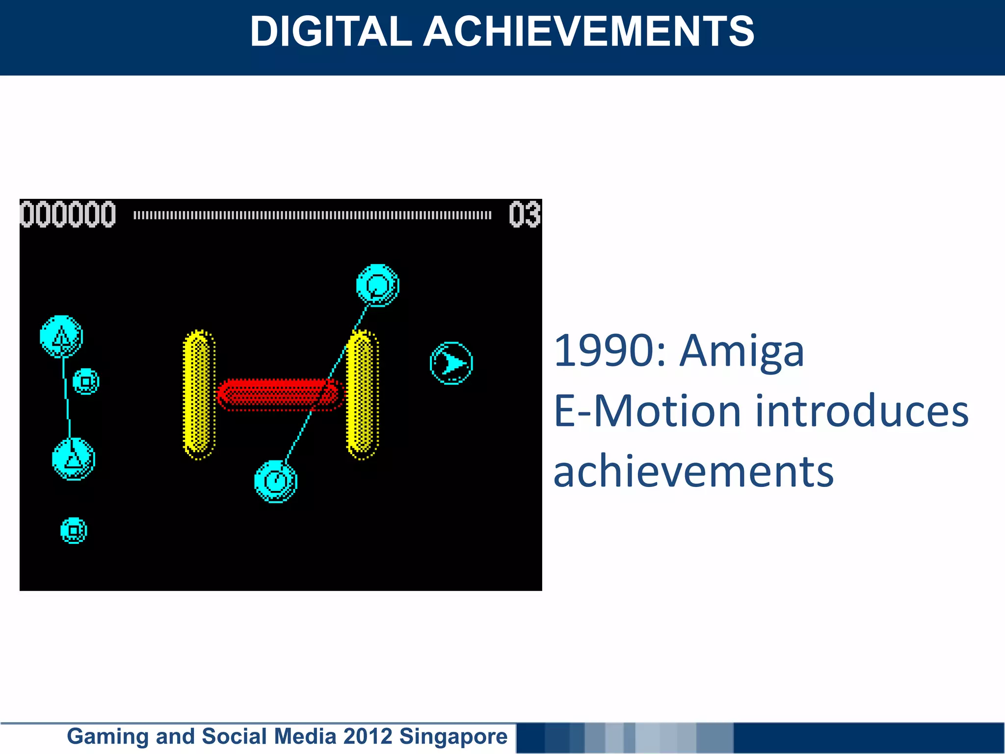 DIGITAL ACHIEVEMENTS
    Click here to add text




                                         1990: Amiga
                                         E-Motion introduces
                                         achievements




Gaming and Social Media 2012 Singapore
 