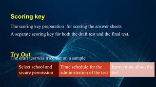 Scoring key
The scoring key preparation for scoring the answer sheets
A separate scoring key for both the draft test and the final test.
Try Out
The draft test was tried out on a sample
Select school and
secure permission
Time schedule for the
administration of the test
Instructions about the
test
 