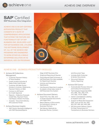 www.achieveits.com 1
Achieve One Overview
Achieve One is an SAP Certified
Integration product that
consists of a suite of
comprehensive applications
that extend the feature and
functionality set of SAP
Business One. Developed just
for SAP Business One, utilizing
the Software Development
Kit, all of the Achieve One
programs are engineered
to work either as a single
enterprise solution or as
individual add-on programs.
•	 Achieve AR Collections
Management
»» Customer Payment History
& Trend Analysis
»» Credit Incident Activities &
Sales Order Hold Screen
»» Customer AR Web Portal –
Access to Invoices, Statements,
Payment History on Web
»» Connect to AR Factor
for Credit Approval
»» Reports – Collection Forecast,
Credit Risk, Payment Trend,
Call Report, Broken Promises
»» Includes - Document Delivery,
AR Customer Portal
•	 Achieve Business Insights
»» SAP Centric Business Intelligence
with SAP BusinessObjects
Edge & SAP Business One
»» Graphical Reporting & Queries
»» Preconfigured Data Universes of
SAP Business One data available
for Reporting & Queries
»» Intuitive and Interactive
Dashboards
»» Use Keyword Searches to explore
& analyze critical data inside of
SAP Business One System
•	 Achieve Document Delivery
»» Quick Print, Fax, EDI, and/
or Email Individual Documents
with Right Click
»» Batch Delivery of Documents
for Individual or Group of
Business Partners
»» Set Delivery Methods by
Business Partner, Contact,
and Document Type
»» Includes Both Customer
& Vendor Documents
»» Document Delivery
History Reporting
•	 Achieve EDI Control
»» Automatically Process Inbound
and Outbound Transactions
»» Technologies Supported ANSI
X12, XML, AS1, AS2, FTP,
TXT, SQL, HTTP, ODBC
»» Carton Level Detail & Labeling
to Support UCC-128
»» Support of Most EDI Transaction
Sets, such as 810, 812, 820,
823, 827, 850, 852, 856, 998
»» EDI Document Delivery Option
for Easy Transmission of
Transactions to Business Partners
Achieve One - Business Productivity Modules
 