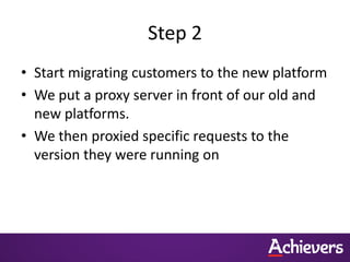 Step 2
• Start migrating customers to the new platform
• We put a proxy server in front of our old and
  new platforms.
• We then proxied specific requests to the
  version they were running on
 