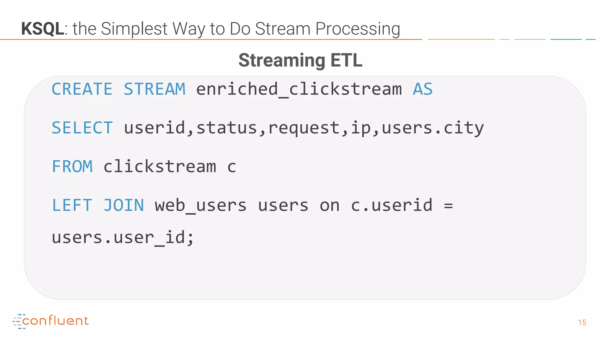 1515
CREATE STREAM enriched_clickstream AS
SELECT userid,status,request,ip,users.city
FROM clickstream c
LEFT JOIN web_users users on c.userid =
users.user_id;
KSQL: the Simplest Way to Do Stream Processing
Streaming ETL
 