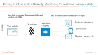 26Confidential
Putting KSQL to work with Imply: Monitoring for real-time business alerts
User click-stream data flows through Kafka and
enriched with KSQL
Data is easily visualized and explored in Imply
WithKSQL
Your website
Click-stream
Exploratory Analytics
Dashboards
Machine Learning / AI
Real-time
insights
 
