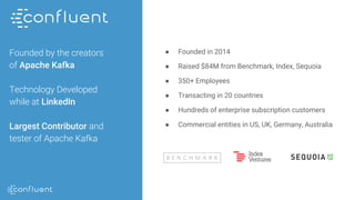 Founded by the creators
of Apache Kafka
Technology Developed
while at LinkedIn
Largest Contributor and
tester of Apache Kafka
● Founded in 2014
● Raised $84M from Benchmark, Index, Sequoia
● 350+ Employees
● Transacting in 20 countries
● Hundreds of enterprise subscription customers
● Commercial entities in US, UK, Germany, Australia
 