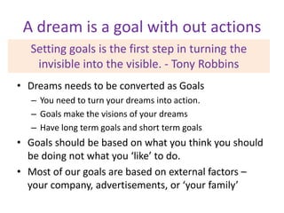 A dream is a goal with out actions
Setting goals is the first step in turning the
invisible into the visible. - Tony Robbins
• Dreams needs to be converted as Goals
– You need to turn your dreams into action.
– Goals make the visions of your dreams
– Have long term goals and short term goals

• Goals should be based on what you think you should
be doing not what you ‘like’ to do.
• Most of our goals are based on external factors –
your company, advertisements, or ‘your family’

 