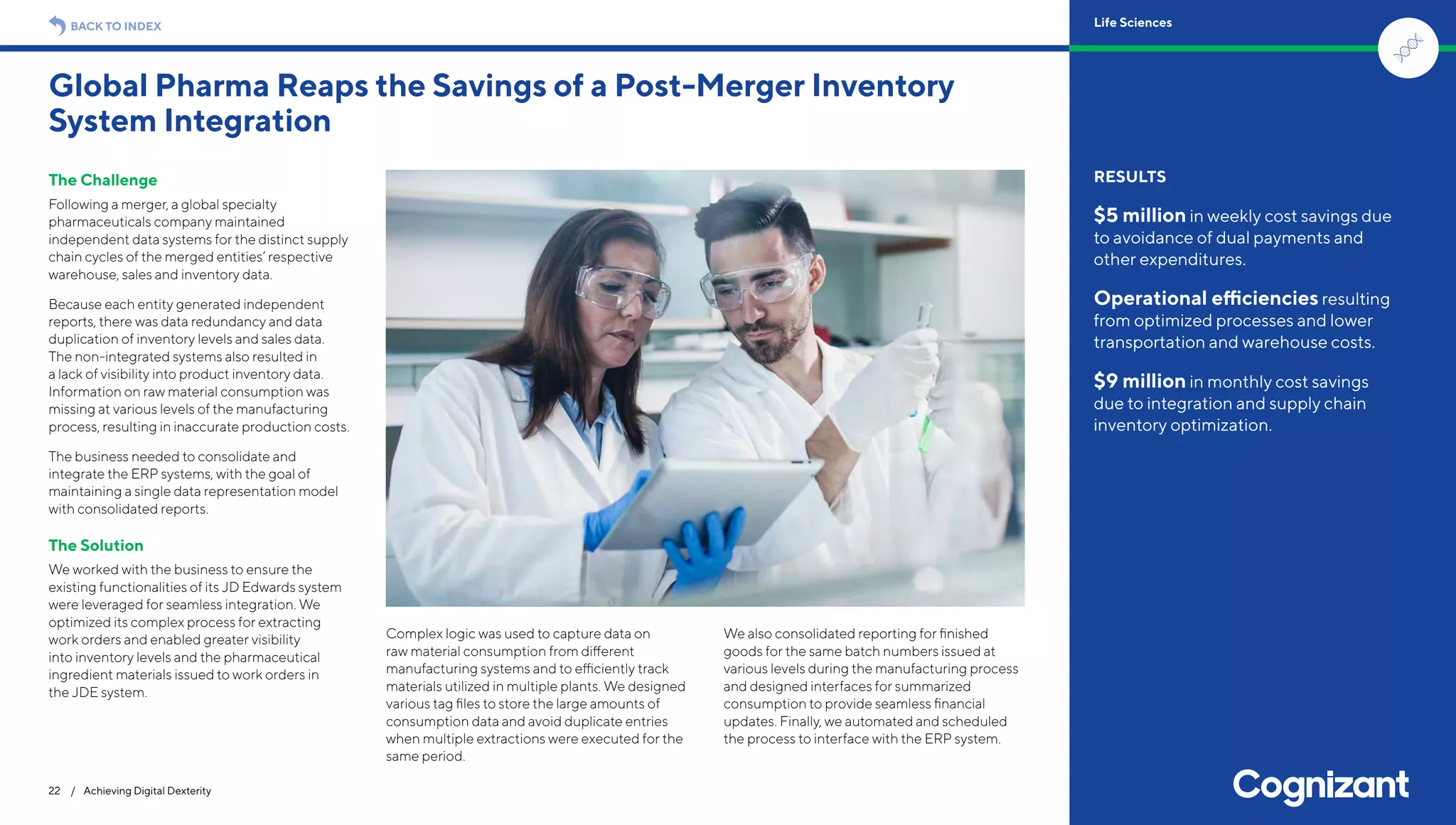 The Challenge
Following a merger, a global specialty
pharmaceuticals company maintained
independent data systems for the distinct supply
chain cycles of the merged entities’ respective
warehouse, sales and inventory data.
Because each entity generated independent
reports, there was data redundancy and data
duplication of inventory levels and sales data.
The non-integrated systems also resulted in
a lack of visibility into product inventory data.
Information on raw material consumption was
missing at various levels of the manufacturing
process, resulting in inaccurate production costs.
The business needed to consolidate and
integrate the ERP systems, with the goal of
maintaining a single data representation model
with consolidated reports.
The Solution
We worked with the business to ensure the
existing functionalities of its JD Edwards system
were leveraged for seamless integration. We
optimized its complex process for extracting
work orders and enabled greater visibility
into inventory levels and the pharmaceutical
ingredient materials issued to work orders in
the JDE system.
Complex logic was used to capture data on
raw material consumption from different
manufacturing systems and to efficiently track
materials utilized in multiple plants. We designed
various tag files to store the large amounts of
consumption data and avoid duplicate entries
when multiple extractions were executed for the
same period.
We also consolidated reporting for finished
goods for the same batch numbers issued at
various levels during the manufacturing process
and designed interfaces for summarized
consumption to provide seamless financial
updates. Finally, we automated and scheduled
the process to interface with the ERP system.
Global Pharma Reaps the Savings of a Post-Merger Inventory
System Integration
22 / Achieving Digital Dexterity
RESULTS
$5 million in weekly cost savings due
to avoidance of dual payments and
other expenditures.
Operational efficiencies resulting
from optimized processes and lower
transportation and warehouse costs.
$9 million in monthly cost savings
due to integration and supply chain
inventory optimization.
BACK TO INDEX Life Sciences
 