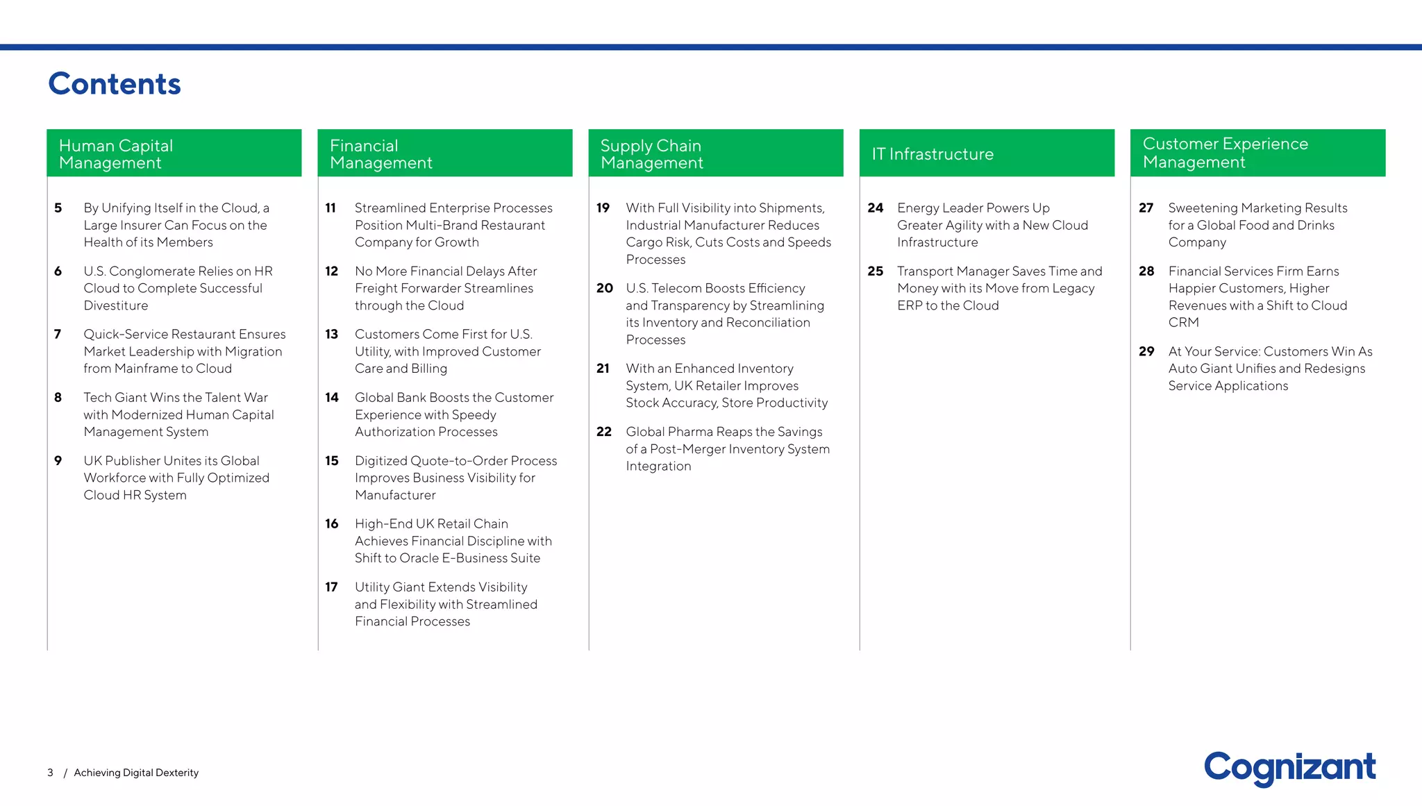 3 / Achieving Digital Dexterity
5	 By Unifying Itself in the Cloud, a
Large Insurer Can Focus on the
Health of its Members
6	 U.S. Conglomerate Relies on HR
Cloud to Complete Successful
Divestiture
7	 Quick-Service Restaurant Ensures
Market Leadership with Migration
from Mainframe to Cloud
8	 Tech Giant Wins the Talent War
with Modernized Human Capital
Management System
9	 UK Publisher Unites its Global
Workforce with Fully Optimized
Cloud HR System
11	 Streamlined Enterprise Processes
Position Multi-Brand Restaurant
Company for Growth
12	 No More Financial Delays After
Freight Forwarder Streamlines
through the Cloud
13	 Customers Come First for U.S.
Utility, with Improved Customer
Care and Billing
14	 Global Bank Boosts the Customer
Experience with Speedy
Authorization Processes
15	 Digitized Quote-to-Order Process
Improves Business Visibility for
Manufacturer
16	 High-End UK Retail Chain
Achieves Financial Discipline with
Shift to Oracle E-Business Suite
17	 Utility Giant Extends Visibility
and Flexibility with Streamlined
Financial Processes
19	 With Full Visibility into Shipments,
Industrial Manufacturer Reduces
Cargo Risk, Cuts Costs and Speeds
Processes
20	 U.S. Telecom Boosts Efficiency
and Transparency by Streamlining
its Inventory and Reconciliation
Processes
21	 With an Enhanced Inventory
System, UK Retailer Improves
Stock Accuracy, Store Productivity
22	 Global Pharma Reaps the Savings
of a Post-Merger Inventory System
Integration
24	 Energy Leader Powers Up
Greater Agility with a New Cloud
Infrastructure
25	 Transport Manager Saves Time and
Money with its Move from Legacy
ERP to the Cloud
27	 Sweetening Marketing Results
for a Global Food and Drinks
Company
28	 Financial Services Firm Earns
Happier Customers, Higher
Revenues with a Shift to Cloud
CRM
29	 At Your Service: Customers Win As
Auto Giant Unifies and Redesigns
Service Applications
Contents
Human Capital
Management
Financial
Management
Supply Chain
Management
IT Infrastructure
Customer Experience
Management
 