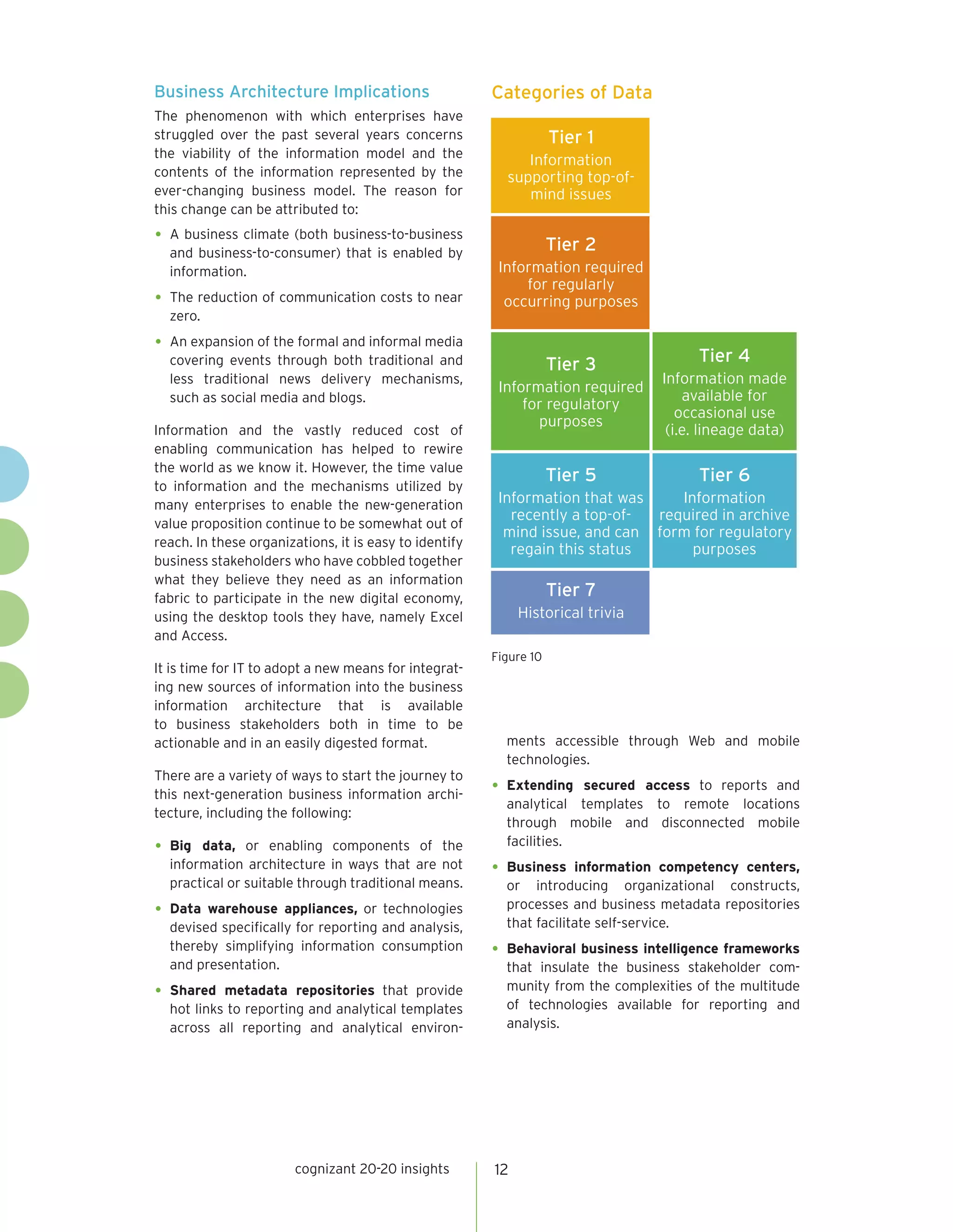 Business Architecture Implications                      Categories of Data
The phenomenon with which enterprises have
struggled over the past several years concerns                      Tier 1
the viability of the information model and the
                                                             Information
contents of the information represented by the            supporting top-of-
ever-changing business model. The reason for                 mind issues
this change can be attributed to:

•	 A business climate (both business-to-business                    Tier 2
  and business-to-consumer) that is enabled by
  information.                                           Information required
                                                             for regularly
•	 The reduction of communication costs to near           occurring purposes
  zero.

•	 An expansion of the formal and informal media
  covering events through both traditional and                      Tier 3             Tier 4
  less traditional news delivery mechanisms,                                     Information made
                                                         Information required
  such as social media and blogs.                                                    available for
                                                             for regulatory
                                                                                    occasional use
                                                               purposes
Information and the vastly reduced cost of                                        (i.e. lineage data)
enabling communication has helped to rewire
the world as we know it. However, the time value
                                                                    Tier 5             Tier 6
to information and the mechanisms utilized by
many enterprises to enable the new-generation            Information that was    Information
                                                           recently a top-of- required in archive
value proposition continue to be somewhat out of
                                                          mind issue, and can form for regulatory
reach. In these organizations, it is easy to identify
                                                           regain this status      purposes
business stakeholders who have cobbled together
what they believe they need as an information
fabric to participate in the new digital economy,                   Tier 7
using the desktop tools they have, namely Excel              Historical trivia
and Access.
                                                        Figure 10
It is time for IT to adopt a new means for integrat-
ing new sources of information into the business
information architecture that is available
to business stakeholders both in time to be
actionable and in an easily digested format.              ments accessible through Web and mobile
                                                          technologies.
There are a variety of ways to start the journey to
this next-generation business information archi-        •	 Extending  secured access to reports and
                                                          analytical templates to remote locations
tecture, including the following:
                                                          through mobile and disconnected mobile
                                                          facilities.
•	 Big data, or enabling components of the
  information architecture in ways that are not         •	 Business   information competency centers,
  practical or suitable through traditional means.        or introducing organizational constructs,
                                                          processes and business metadata repositories
•	 Data warehouse appliances, or technologies
  devised specifically for reporting and analysis,        that facilitate self-service.
  thereby simplifying information consumption           •	 Behavioral business intelligence frameworks
  and presentation.                                       that insulate the business stakeholder com-
                                                          munity from the complexities of the multitude
•	 Shared metadata repositories that provide
   hot links to reporting and analytical templates        of technologies available for reporting and
   across all reporting and analytical environ-           analysis.




                        cognizant 20-20 insights        12
 