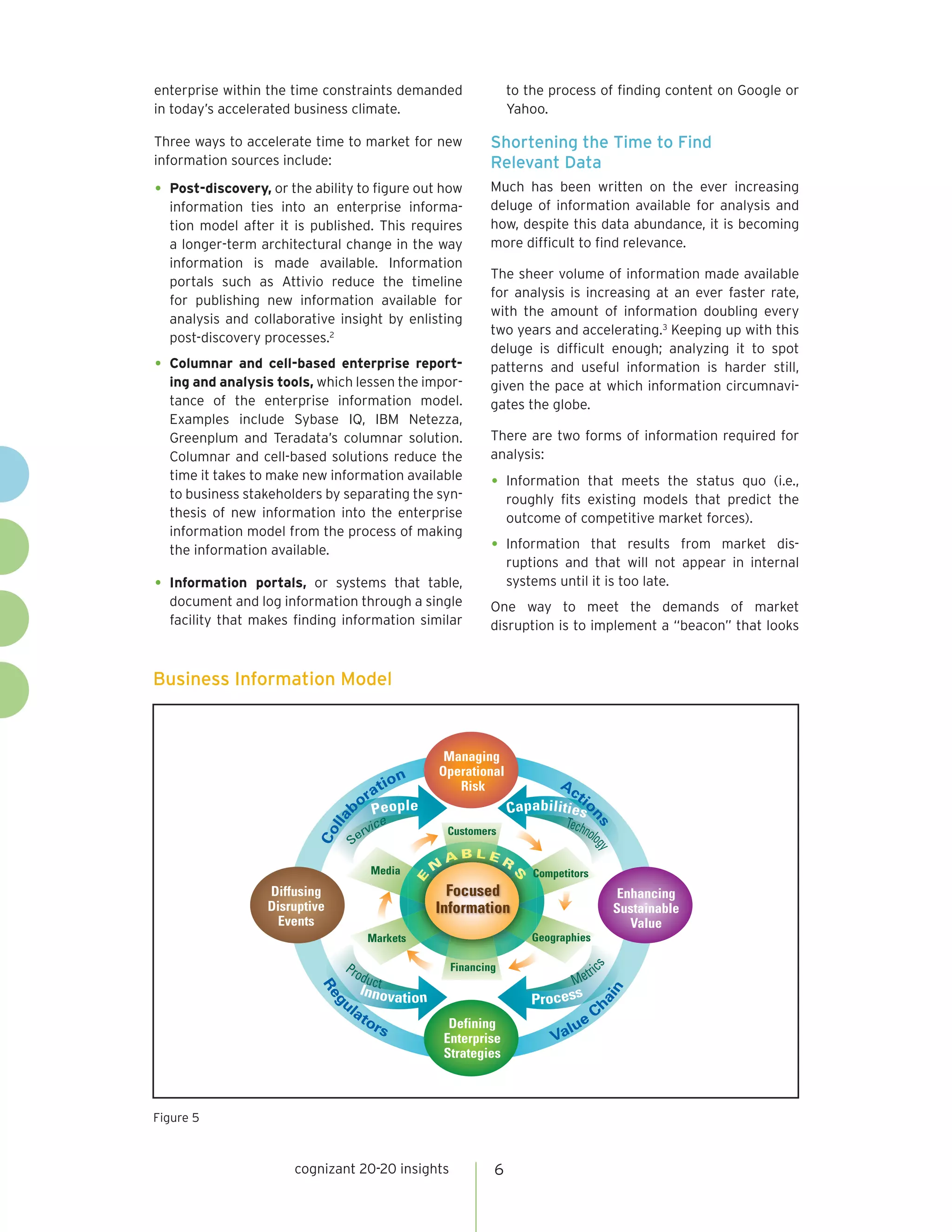 enterprise within the time constraints demanded                     to the process of finding content on Google or
in today’s accelerated business climate.                            Yahoo.

Three ways to accelerate time to market for new                Shortening the Time to Find
information sources include:                                   Relevant Data
•	 Post-discovery, or the ability to figure out how            Much has been written on the ever increasing
  information ties into an enterprise informa-                 deluge of information available for analysis and
  tion model after it is published. This requires              how, despite this data abundance, it is becoming
  a longer-term architectural change in the way                more difficult to find relevance.
  information is made available. Information
                                                               The sheer volume of information made available
  portals such as Attivio reduce the timeline
                                                               for analysis is increasing at an ever faster rate,
  for publishing new information available for
                                                               with the amount of information doubling every
  analysis and collaborative insight by enlisting
                                                               two years and accelerating.3 Keeping up with this
  post-discovery processes.2
                                                               deluge is difficult enough; analyzing it to spot
•	 Columnar and cell-based enterprise report-                  patterns and useful information is harder still,
  ing and analysis tools, which lessen the impor-              given the pace at which information circumnavi-
  tance of the enterprise information model.                   gates the globe.
  Examples include Sybase IQ, IBM Netezza,
  Greenplum and Teradata’s columnar solution.                  There are two forms of information required for
  Columnar and cell-based solutions reduce the                 analysis:
  time it takes to make new information available
  to business stakeholders by separating the syn-
                                                               •	 Information    that meets the status quo (i.e.,
                                                                    roughly fits existing models that predict the
  thesis of new information into the enterprise                     outcome of competitive market forces).
  information model from the process of making
  the information available.                                   •	 Information     that results from market dis-
                                                                    ruptions and that will not appear in internal
•	 Information   portals, or systems that table,                    systems until it is too late.
  document and log information through a single                One way to meet the demands of market
  facility that makes finding information similar              disruption is to implement a “beacon” that looks


Business Information Model



                                                    Managing
                                           n       Operational
                                       tio            Risk                 Ac
                                     ra                                         ti
                                   bo People                        Capabilitieso
                                                                             Techn
                                                                                    ns
                            ll a




                                                       Customers                   olo
                          Co




                                                                                       gy




                                                       ABLER
                                     Media         N                     Competitors
                                                                    S
                                               E




                  Diffusing                          Focused                              Enhancing
                  Disruptive                       Information                           Sustainable
                    Events                                                                  Value
                                     Markets                             Geographies

                               Pro                      Financing
                                                                                 tri
                                                                                   cs




                                  duc                                         Me
                                  Innto
                           Re




                                                                        Process h
                                                                                         n




                               ul       vation
                                                                                       ai
                              g




                                 at                                                C
                                   or                   Defining               e
                                      s
                                                       Enterprise          Valu
                                                       Strategies



Figure 5



                       cognizant 20-20 insights                 6
 