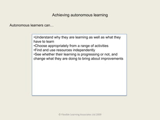 Achieving autonomous learningAutonomous learners can…Understand why they are learning as well as what they have to learn