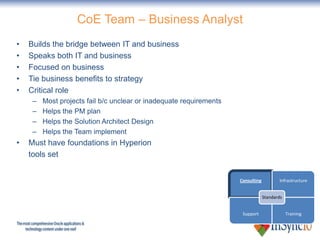CoE Team – Business Analyst
•   Builds the bridge between IT and business
•   Speaks both IT and business
•   Focused on b...