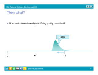IBM Rational Software Conference 2009


Then what?


    Or move in the estimate by sacrificing quality or content?




                                                         95%




0                                6                          12




                         Executive Summit                        11
 