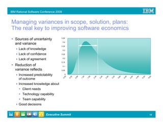 IBM Rational Software Conference 2009


Managing variances in scope, solution, plans:
The real key to improving software economics
   Sources of uncertainty           0.45

                                        0.4
   and variance
                                    0.35
      Lack of knowledge                 0.3

      Lack of confidence            0.25

                                        0.2
      Lack of agreement
                                    0.15
   Reduction of                         0.1

   variance reflects                0.05

      Increased predictability            0
                                         00


                                              40




                                                                  00




                                                                                                               60
                                                   80


                                                        20


                                                             60




                                                                            80


                                                                                 20


                                                                                      60




                                                                                                40


                                                                                                     80
                                                                       40




                                                                                           00




                                                                                                          20
      of outcome
                                        0.


                                              0.




                                                                  2.




                                                                                                               5.
                                                   0.


                                                        1.


                                                             1.




                                                                            2.


                                                                                 3.


                                                                                      3.




                                                                                                4.


                                                                                                     4.
                                                                       2.




                                                                                           4.




                                                                                                          5.
      Increased knowledge about
        Client needs
        Technology capability
        Team capability
      Good decisions


                          Executive Summit                                                                      12
 