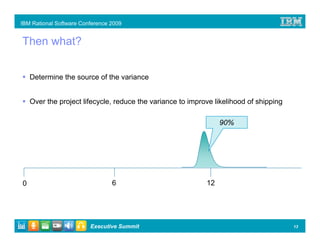 IBM Rational Software Conference 2009


Then what?


    Determine the source of the variance


    Over the project lifecycle, reduce the variance to improve likelihood of shipping

                                                                 90%




0                                6                          12




                         Executive Summit                                               13
 