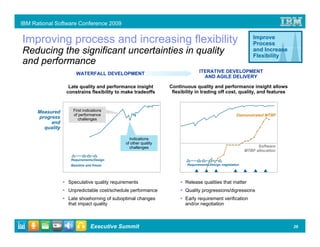 IBM Rational Software Conference 2009


Improving process and increasing flexibility                                                                 Improve
                                                                                                             Process
Reducing the significant uncertainties in quality                                                            and Increase
                                                                                                             Flexibility
and performance
                       WATERFALL DEVELOPMENT                                  ITERATIVE DEVELOPMENT
                                                                                AND AGILE DELIVERY

                   Late quality and performance insight        Continuous quality and performance insight allows
                  constrains flexibility to make tradeoffs      flexibility in trading off cost, quality, and features



      Measured       First indications
                     of performance                                                                 Demonstrated MTBF
      progress          challenges
           and
        quality

                                              Indications
                                            of other quality
                                              challenges                                                       Software
                                                                                                         MTBF allocation

                    Requirements/Design
                    Baseline and freeze                                Requirements/Design negotiation




                  Speculative quality requirements                    Release qualities that matter
                  Unpredictable cost/schedule performance             Quality progressions/digressions
                  Late shoehorning of suboptimal changes              Early requirement verification
                  that impact quality                                 and/or negotiation



                                Executive Summit                                                                            29
 