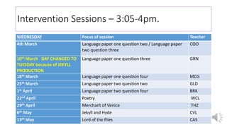 Intervention Sessions – 3:05-4pm.
WEDNESDAY Focus of session Teacher
4th March Language paper one question two / Language paper
two question three
COO
10th March DAY CHANGED TO
TUESDAY because of JEKYLL
PRODUCTION
Language paper one question three GRN
18th March Language paper one question four MCG
25th March Language paper two question two GLD
1st April Language paper two question four BRK
22nd April Poetry WCL
29th April Merchant of Venice THZ
6th May Jekyll and Hyde CVL
13th May Lord of the Flies CAS
 