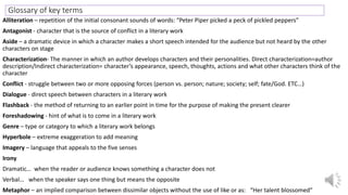 Glossary of key terms
Alliteration – repetition of the initial consonant sounds of words: “Peter Piper picked a peck of pickled peppers”
Antagonist - character that is the source of conflict in a literary work
Aside – a dramatic device in which a character makes a short speech intended for the audience but not heard by the other
characters on stage
Characterization- The manner in which an author develops characters and their personalities. Direct characterization=author
description/Indirect characterization= character’s appearance, speech, thoughts, actions and what other characters think of the
character
Conflict - struggle between two or more opposing forces (person vs. person; nature; society; self; fate/God. ETC…)
Dialogue - direct speech between characters in a literary work
Flashback - the method of returning to an earlier point in time for the purpose of making the present clearer
Foreshadowing - hint of what is to come in a literary work
Genre – type or category to which a literary work belongs
Hyperbole – extreme exaggeration to add meaning
Imagery – language that appeals to the five senses
Irony
Dramatic… when the reader or audience knows something a character does not
Verbal… when the speaker says one thing but means the opposite
Metaphor – an implied comparison between dissimilar objects without the use of like or as: “Her talent blossomed”
 