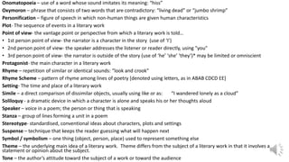 Onomatopoeia – use of a word whose sound imitates its meaning: “hiss”
Oxymoron – phrase that consists of two words that are contradictory: “living dead” or “jumbo shrimp”
Personification – figure of speech in which non-human things are given human characteristics
Plot- The sequence of events in a literary work
Point of view- the vantage point or perspective from which a literary work is told…
• 1st person point of view- the narrator is a character in the story (use of ‘I’)
• 2nd person point of view- the speaker addresses the listener or reader directly, using "you"
• 3rd person point of view- the narrator is outside of the story (use of ‘he’ ‘she’ ‘they’)* may be limited or omniscient
Protagonist- the main character in a literary work
Rhyme – repetition of similar or identical sounds: “look and crook”
Rhyme Scheme – pattern of rhyme among lines of poetry [denoted using letters, as in ABAB CDCD EE]
Setting- The time and place of a literary work
Simile – a direct comparison of dissimilar objects, usually using like or as: “I wandered lonely as a cloud”
Soliloquy - a dramatic device in which a character is alone and speaks his or her thoughts aloud
Speaker – voice in a poem; the person or thing that is speaking
Stanza – group of lines forming a unit in a poem
Stereotype- standardised, conventional ideas about characters, plots and settings
Suspense – technique that keeps the reader guessing what will happen next
Symbol / symbolism – one thing (object, person, place) used to represent something else
Theme – the underlying main idea of a literary work. Theme differs from the subject of a literary work in that it involves a
statement or opinion about the subject.
Tone – the author’s attitude toward the subject of a work or toward the audience
 