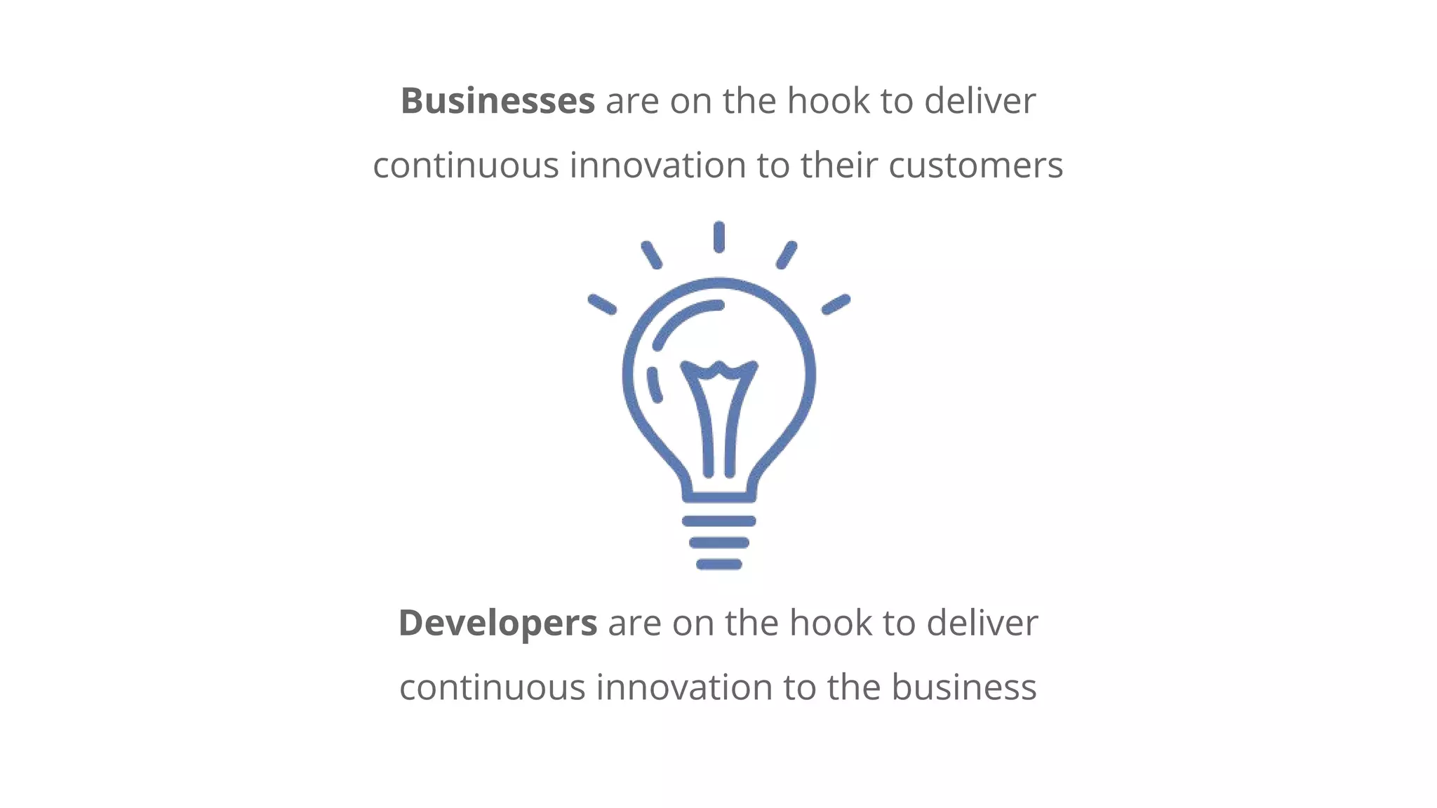 Businesses are on the hook to deliver
continuous innovation to their customers
Developers are on the hook to deliver
continuous innovation to the business
 