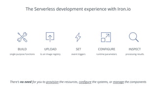 BUILD
single purpose functions
UPLOAD
to an image registry
SET
event triggers
CONFIGURE
runtime parameters
INSPECT
processing results
The Serverless development experience with Iron.io
There’s no need for you to provision the resources, configure the systems, or manage the components
 
