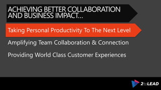Taking Personal Productivity To The Next Level
Amplifying Team Collaboration & Connection
Providing World Class Customer Experiences
ACHIEVING BETTER COLLABORATION
AND BUSINESS IMPACT…
 