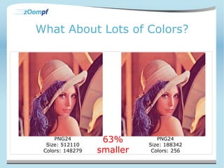 What About Lots of Colors? 
PNG24 
Size: 512110 
Colors: 148279 
PNG24 
Size: 188342 
Colors: 256 
63% 
smaller 
 