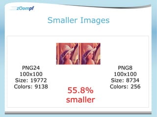 Smaller Images 
PNG24 
100x100 
Size: 19772 
Colors: 9138 
PNG8 
100x100 
Size: 8734 
Colors: 256 
55.8% 
smaller 
 