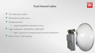 Dual channel radios
 Tworadiospermodem
 All-outdoororsplit-mount
 Widebandradios
• supporting80MHz channelson more
 High modulations1024QAMor2048QAM
• High Txpowerforcompensatingincreasedmodulations
 Built-inLayer1 link bonding
 
