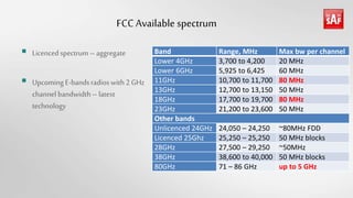 FCCAvailable spectrum
 Licenced spectrum– aggregate
 Upcoming E-bandsradioswith 2GHz
channelbandwidth–latest
technology
Band Range, MHz Max bw per channel
Lower 4GHz 3,700 to 4,200 20 MHz
Lower 6GHz 5,925 to 6,425 60 MHz
11GHz 10,700 to 11,700 80 MHz
13GHz 12,700 to 13,150 50 MHz
18GHz 17,700 to 19,700 80 MHz
23GHz 21,200 to 23,600 50 MHz
Other bands
Unlicenced 24GHz 24,050 – 24,250 ~80MHz FDD
Licenced 25Ghz 25,250 – 25,250 50 MHz blocks
28GHz 27,500 – 29,250 ~50MHz
38GHz 38,600 to 40,000 50 MHz blocks
80GHz 71 – 86 GHz up to 5 GHz
 