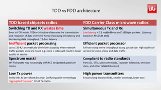 TDD vs FDD architecture
TDD based chipsets radios FDD Carrier Class microwave radios
Switching TX and RX wastes time
Even in FDD mode, TDD architecture alternates the transmission
and reception of data over time hence increasing link latency and
decreasing data throughput. ~2-3ms latency
Simultaneous Tx and Rx
Low latency < 0.3 ms@64byte and 1518byte packets. (Latency
based on RFC2544 test)
Inefficient packet processing
up to 150 K/s dramatically diminishes capacity when network
traffic packets sizes are mixed e.g. voice + video will result in lower
quality of service
Efficient packet processor
full rate using entire throughput at any packet size: high quality of
service for voice, video and data traffic
Spectrum mask?
Wi-Fi chipsets may not comply with FCC designated spectrum
masks
Compliant to radio standards
Part 101, ETSI, spectrum masks, Tx power tolerance, emission
class, and other related standard
Low Tx power
limits links to very short distance. Confusing with terminology
‘aggregated Tx power’ for all Tx chains.
High power transmitters
Ensures long distance links, smaller antennas, lower cost
 