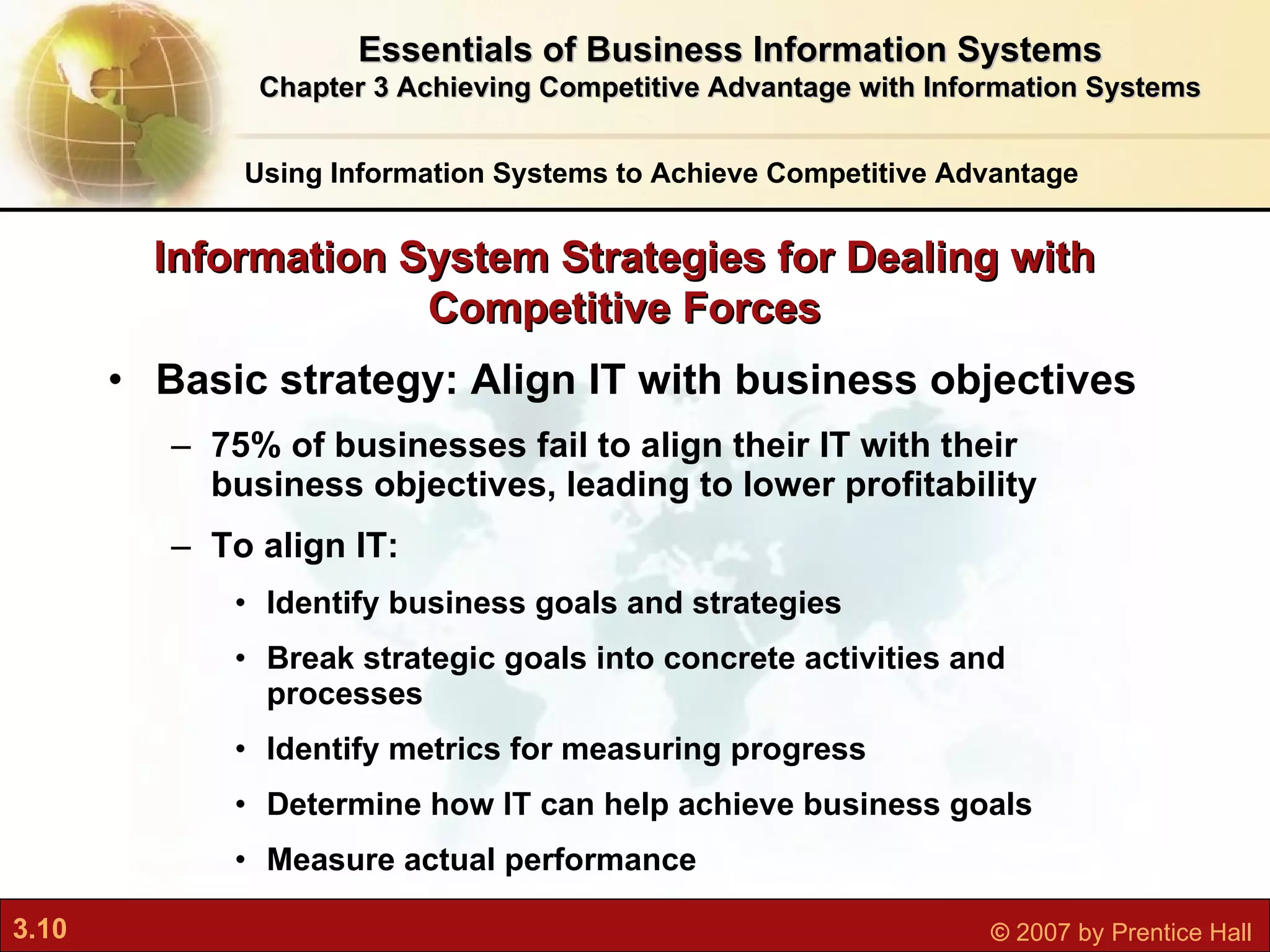Basic strategy: Align IT with business objectives  75% of businesses fail to align their IT with their business objectives, leading to lower profitability To align IT: Identify business goals and strategies Break strategic goals into concrete activities and processes Identify metrics for measuring progress Determine how IT can help achieve business goals Measure actual performance Information System Strategies for Dealing with Competitive Forces Using Information Systems to Achieve Competitive Advantage Essentials of Business Information Systems Chapter 3 Achieving Competitive Advantage with Information Systems 