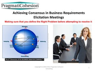 Achieving Consensus in Business Requirements
Elicitation Meetings
Copyright (c) 2010-2013 Pragmatic Cohesion
Consulting
1
Making sure that you define the Right Problem before attempting to resolve it
 