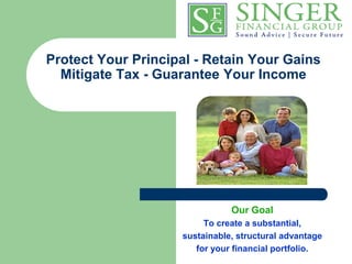 Protect Your Principal - Retain Your GainsMitigate Tax - Guarantee Your Income Our Goal To create a substantial,  sustainable, structural advantage for your financial portfolio. 
